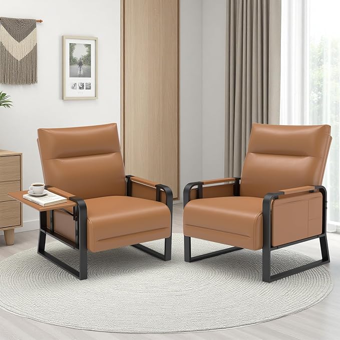 Upholstered Accent Chairs Set of 2, Modern Faux Leather Sofa Chairs with Foldable Side Tray Table & Storage Pocket, Small Accent Sofas for Living Room, Bedroom, Brown