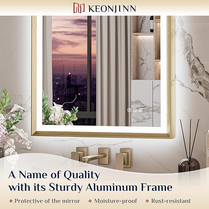 Keonjinn 40” x 32” LED Mirror for Bathroom with Frontlit & Backlit, Brushed Gold Framed Mirror with Lights, Anti-Fog, Stepless Dimmable 3 Color Lights, Tempered Glass(Horizontal/Vertical)