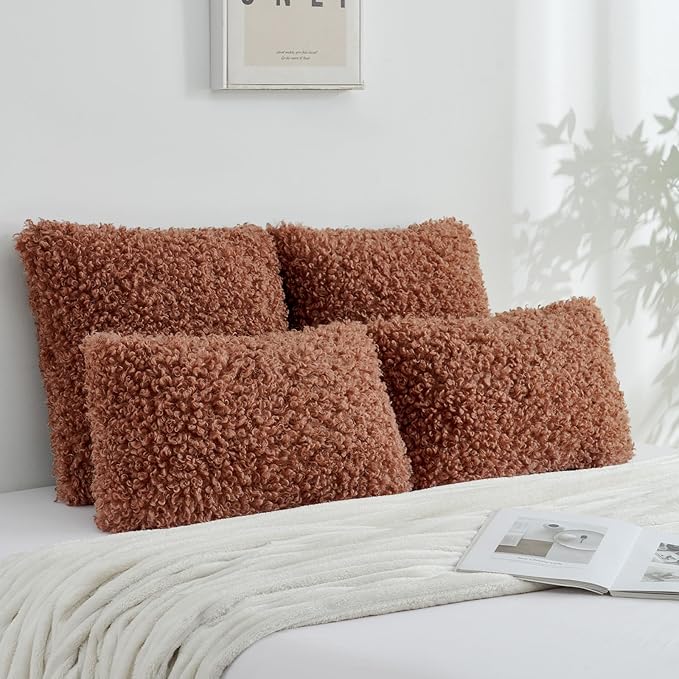 FUTEI Rust Decorative Throw Pillow Covers 26x26 Inch Set of 2,Soft Fluffy Faux Wool Fur Boucle Textured Pillow Shams,Modern Home Decor for Couch Bed Living Room Office