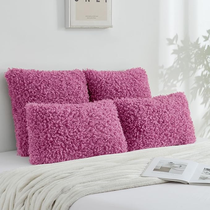 FUTEI Hot Pink Decorative Throw Pillow Covers 16x16 Inch Set of 2,Soft Fluffy Faux Wool Fur Boucle Textured Cushion Case,Modern Home Decor for Couch Bed Living Room Office