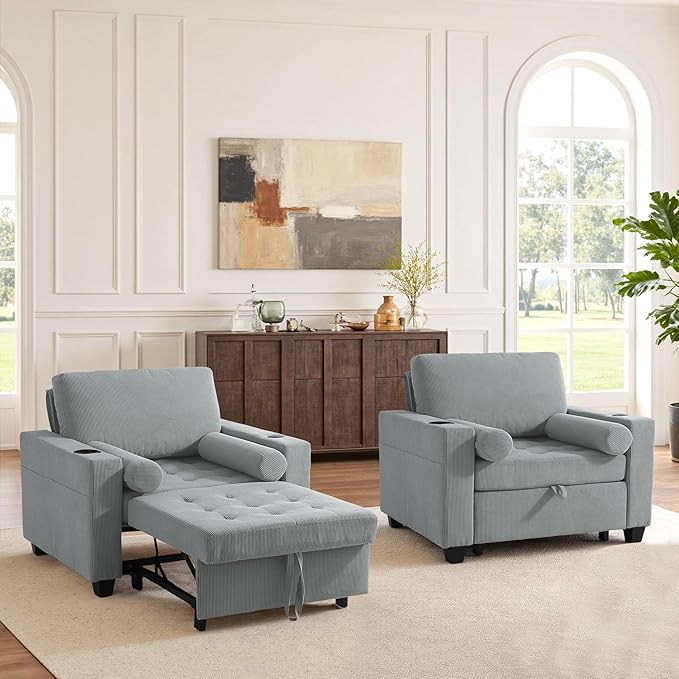 Convertible Sleeper Chair Bed, Comfy Corduroy Single Futon Sofa Chair with Pull Out Bed, 3-Levels Adjustable Backrest Accent Chair with Side Pockets, Cup Holder & USB Ports for Living Room, Bedroom