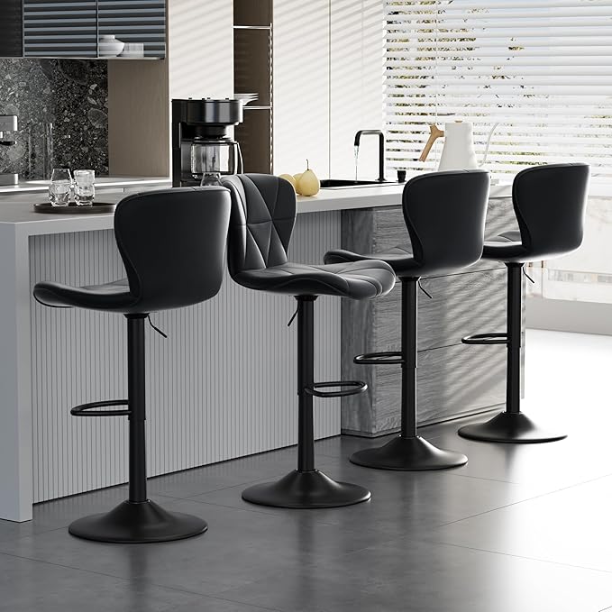 Bar Stools,Adjustable Swivel Barstools, Faux Leather Bar Chairs,Upholstered Counter Height with High Backrest for Kitchen Island, Black