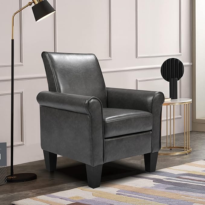 THSUPER Faux Leather Accent Chair Arm Chair, Modern Club Chair, Comfy Single Sofa for Living Room - Grey