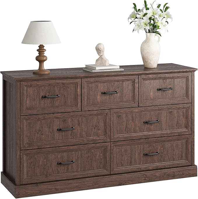 Farmhouse 7 Drawer Dresser for Bedroom, 55 Inch Wide Modern Brown Dresser TV Stand with Large Drawers & Bar Handles, Rustic Wood Chest of Drawers for Bedroom