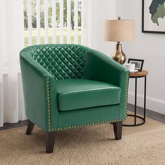 Pia Ricco Faux Leather Barrel Accent Chairs Set of 4, Modern Club Arm Chair Comfy Upholstered Single Sofa Chair with Solid Wood Legs and Nailhead Trim for Living Room/Reading Room, Green