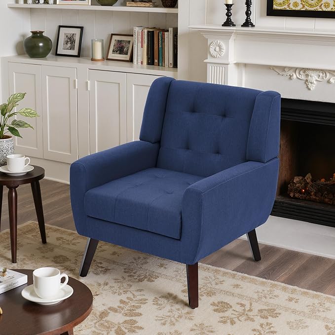 Accent Chairs Set of 2, Mid-Century Modern Upholstered Armchair, Comfy Fabric Living Room Chairs Reading Chairs with Button Tufted Back & Solid Wood Legs for Bedroom, Office, Blue