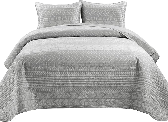 Lush Decor Hygge Geo Pattern Striped 3 Piece Quilt Bedding Set, Full/Queen, Light Gray