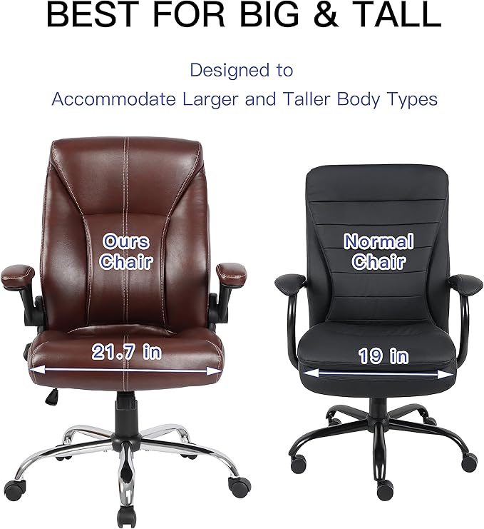 Big and Tall Office Chair for Heavy People, Executive Desk Computer Chair Adjustable Flip-up Armrests, PU Leather Swivel Task Chair with Ergonomic High Back and Lumbar Support(Brown