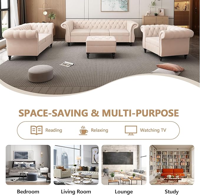Velvet Sofa Couches Set, 3-Piece Mid Century Modern Upholstered Couch with Cushions, Home Sofa Sectional Furniture Sets, Comfy Tufted Chesterfield Couches for Living Room, Bedroom, Office