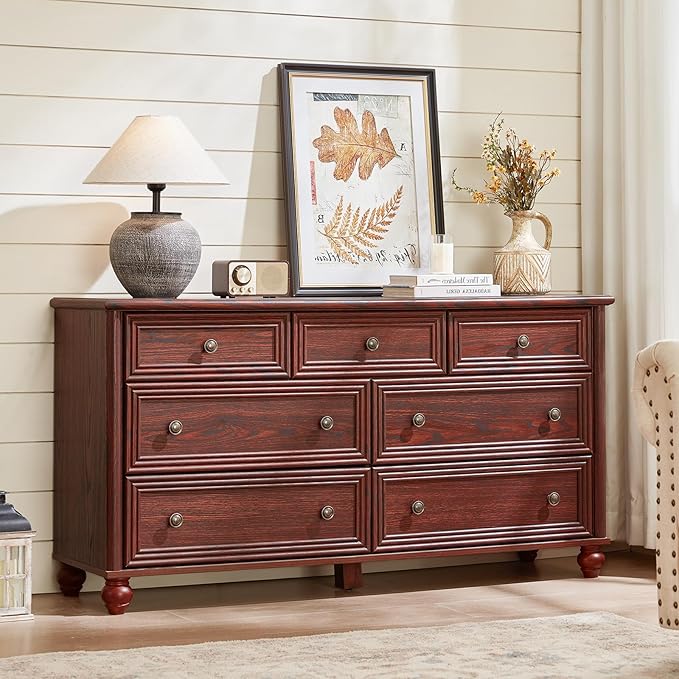 7 Drawers Dresser for Bedroom, Farmhouse 54" Wide Wood Dressers Chest of Drawers, Vintage Design TV Stand, Rustic Storage Dresser Organizer with Metal Handle Closet for Living Room, Hallway