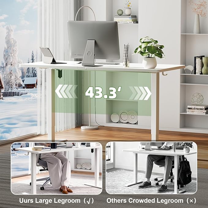 Veken 55 Inch Large Electric Standing Desk,Sit to Stand Up, Heights Adjustable, Work Home Office Computer Table for Study, Walking Pad, Writing, and Games, Wooden Desktop Desks, White