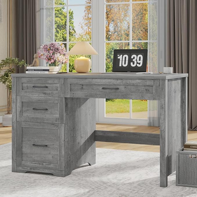 Vabches Farmhouse 47" Executive Desk with File Drawer, Wood Computer Desk with 3 Storage Drawers, Workstation for Home Office, Study, Writing(Grey)