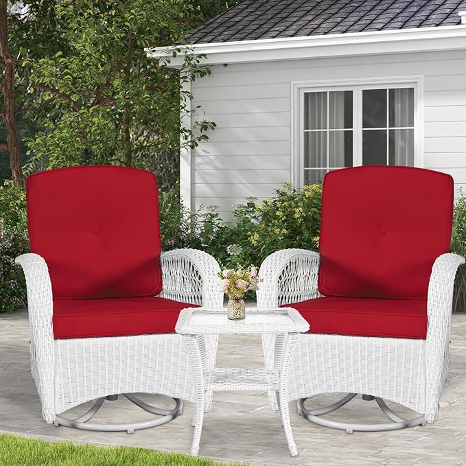 VIVIJASON 3-Piece Outdoor Conversation Bistro Set, Patio Swivel Glider Rocking Chairs Rattan Furniture Sets w/ 2 White Rattan Chairs, Glass Top Side Table for Porch Backyard, Red Cushions