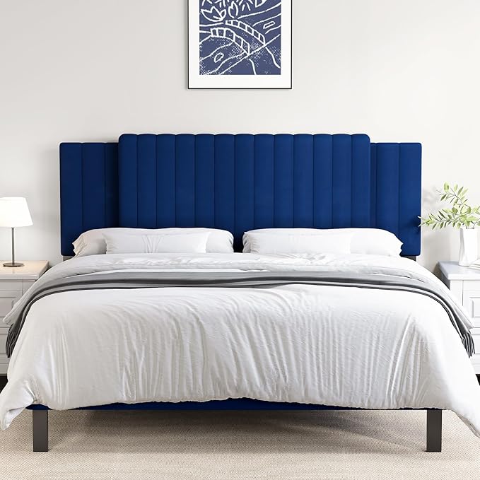 Upholstered Tufted Velvet Headboard, 3 in 1 Headboard for Full/Queen/King Size Bed, Height & Width Adjustable Head Board, Attach Frame, Study & Comfortable, Ideal for Bedroom, Dorm, Guest Room, Blue