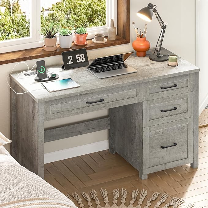 Farmhouse 47" Executive Desk, Computer Desk with File Drawer and Charging Station, Workstation for Home Office, Study(Grey).