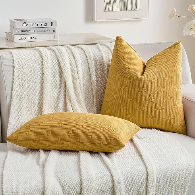 FUTEI Mustard Yellow Chenille Decorative Throw Pillow Covers 26x26 Inch Set of 2,Soft Cozy Striped Geometric Patterns Euro Pillow Shams,Modern Home Decor for Couch Bed Living Room