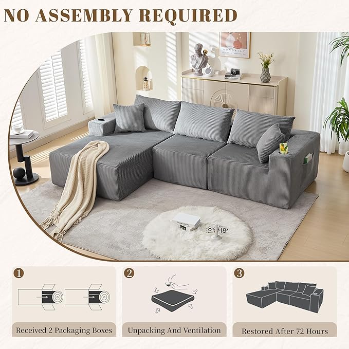 107" Cloud Sectional Couch, Modular Sectional Sofa with L-Shape Chaise, Corduroy Boneless Couch with Deep Seat, Upholstered Sofa for Living Room, No Assembly Required(Left-Facing Chaise, Dark Grey)
