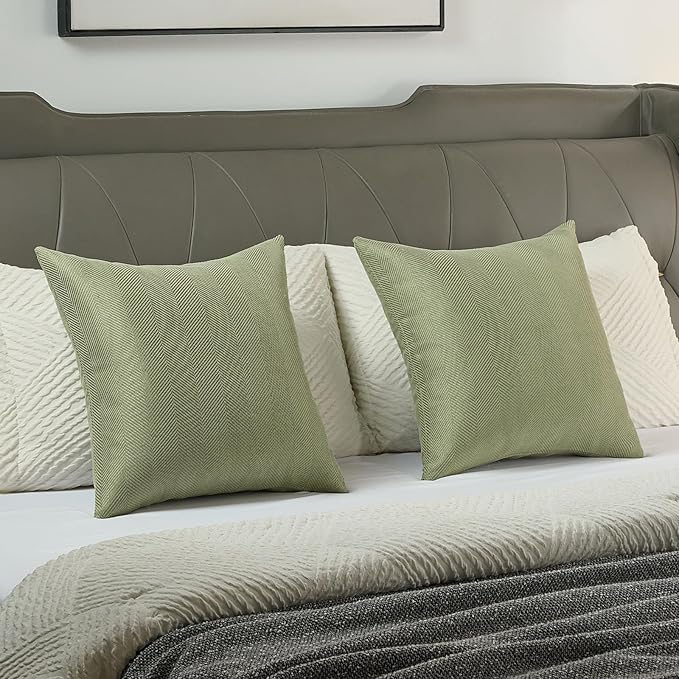 FUTEI Sage Green Chenille Throw Pillow Covers 18x18 Inch Set of 2,Soft Wide Chevron Textured Cushion Case,Farmhouse Home Decor for Couch Bed Living Room