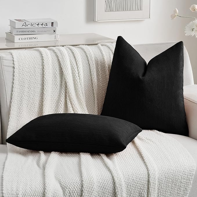 FUTEI Black Chenille Decorative Throw Pillow Covers 26x26 Inch Set of 2,Soft Cozy Striped Geometric Patterns Euro Pillow Shams,Modern Home Decor for Couch Bed Living Room