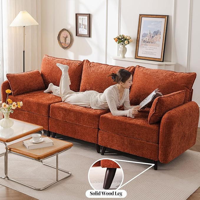 135'' Modular Sectional Sofa with All Seats Storage, Oversized Sleeper Sofa Bed for Living Room,4-Seater Comfy Cloud Couches with Movable Ottoman,Big Sectional for Bedroom,Velet,Orange