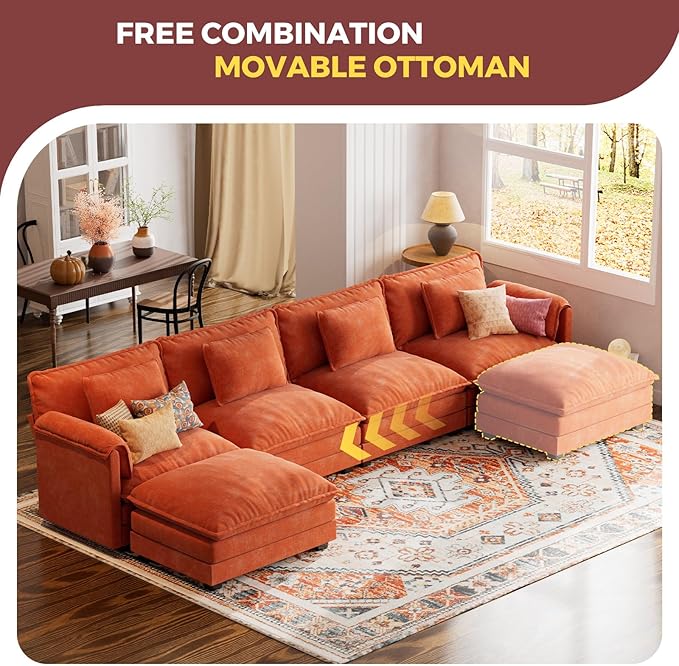 ELUCHANG 153" U Shaped Modular Sectional Cloud Couch with Pillow, Deep Seat Sofa Couches for Living Room, 6-Seat Modern Sofa with Movable Ottoman, Chenille Terracotta
