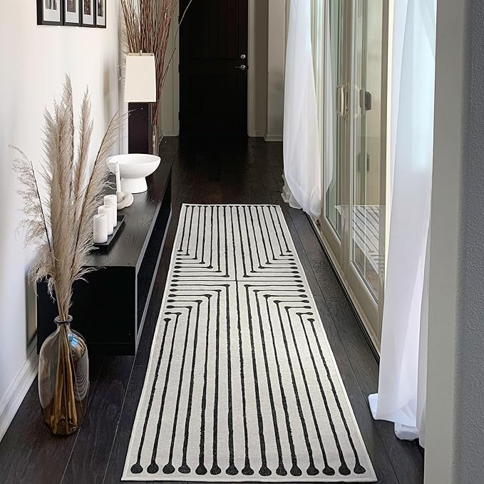 RUGGABLE x Jonathan Adler Machine Washable Modern Runner Rug – Inkdrop Black & Ivory 2.5x7, Stain-Resistant, Non-Slip – Washable Rug for Hallway, Entryway, Living Room & Kitchen–with Standard Pad