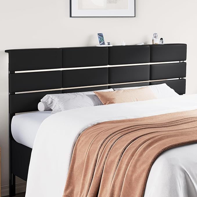 Full/Queen Size Upholstered Velvet Headboard, Adjustable Head Boards with LED Light & Charging Station, Bed Headboard Only, Attach Frame, Study & Comfortable, Ideal for Bedroom, Dorm, Black