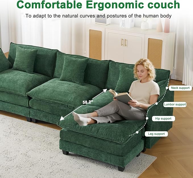 111.4" Cloud L Shaped Sectional Couch with Ottoman|Modular Chenille Sofa with 29.1" Deep Seat|FSC Solid Wood Frame|Easy Assembly & 1YR Guarantee|for Living Room Bedroom Apartment
