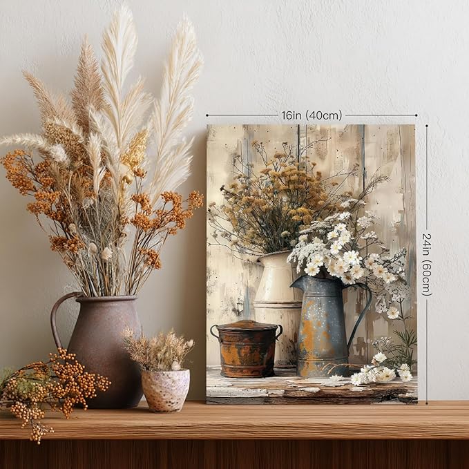 HLXRAE Framed Rustic Farmhouse Bathroom Wall Art, Vintage Country Floral Still Life Wall Decor, White Daisy Canvas Painting, Shabby Chic Flower Poster Print for Living Room Bedroom Kitchen 12"x16"