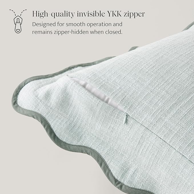 Double Stitch Scalloped Throw Pillow Covers - 100% Cotton Decorative Boho Pillow Covers 20 x 20inch, Made in India, Square Cushion Case, Modern Home Decor for Couch Sofa Living Room, Aqua Mint