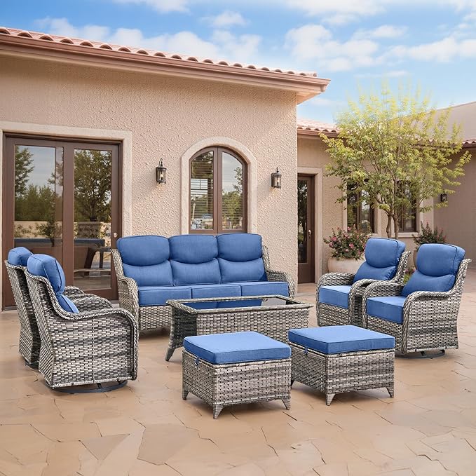 Swivel Patio Chairs Set of 3 with 6" Thick Cushion - Wicker Outdoor Swivel Rocker Patio Chairs with Side Table, High Back Comfortable Outdoor Glider- Grey Wicker | Blue Cushions
