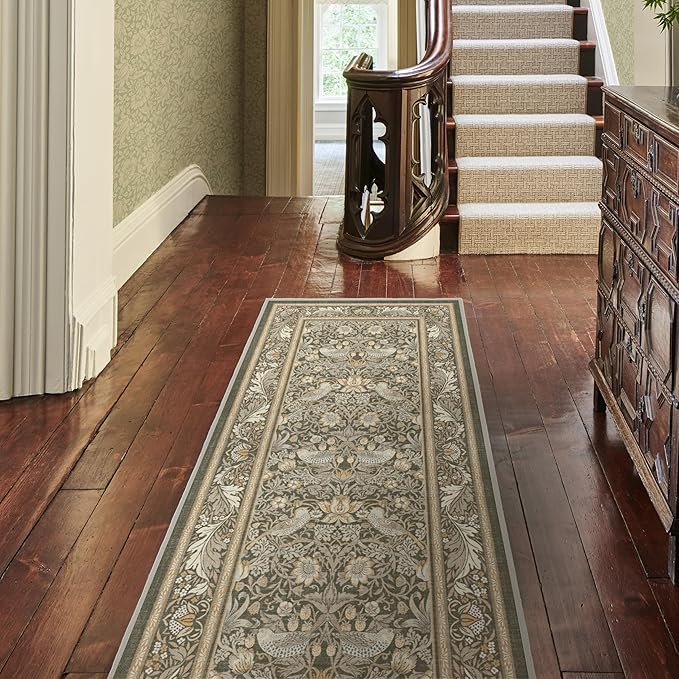 RUGGABLE x Morris & Co Washable Area Rug–Strawberry Thief Stone Gold 8x10, Stain-Resistant, Non-Slip–Large Machine Washable Rugs for Living Room, Bedroom, Hallway, Entryway & Office–with Standard Pad