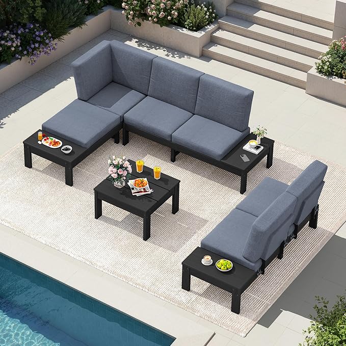 SERWALL HDPE Patio Furniture Set with 15FT Double Side Patio Umbrella, Outdoor Sofa Set, Seats 6, Modular Sectional Couch for Patio, Garden, Backyard, Black Frame with Grey Cushion