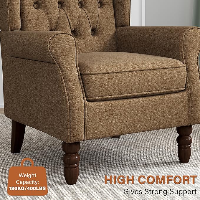 High Back Accent Chairs Set of 2, High Wingback Chair for Living Room, Button-Tufted Upholstered Fabric Armchair with Solid Wood Legs, Comfy Single Sofa Reading Chair for Bedroom, Brown