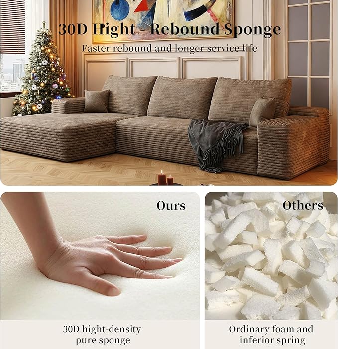 107.5" Boneless L-Shaped Modular Sectional Sofa Couches for Living Room, Corduroy Upholstered Couch with Deep Seat, Large 2-Seater Cloud Sectional Couch, No Assembly, (Camel, Left Facing Chaise)