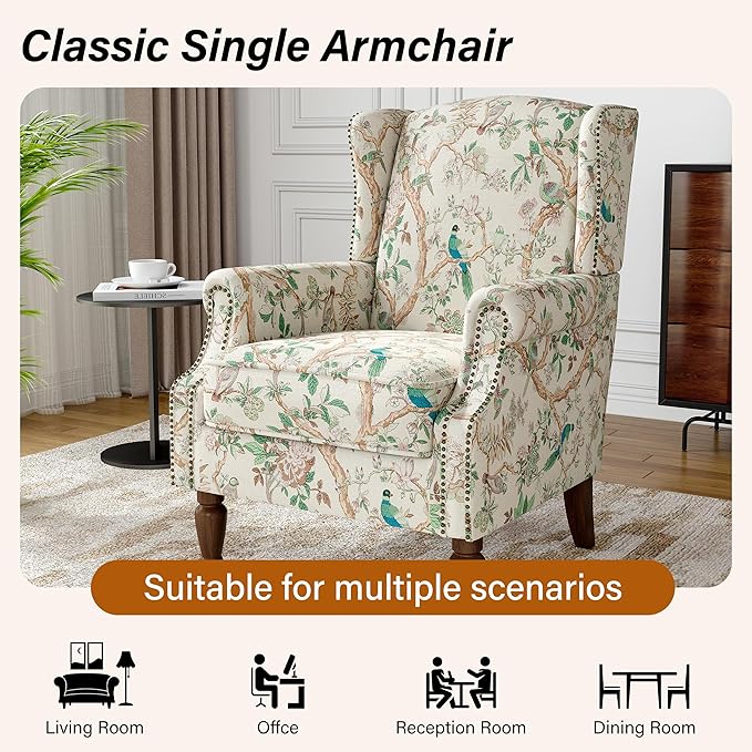 Wingback Accent Chairs Set of 2, High Back Upholstered Armchair, Printed Fabric Wingback Arms Chairs with Wood Legs, Single Sofa Reading Chair for Bedroom Living Room, Bird