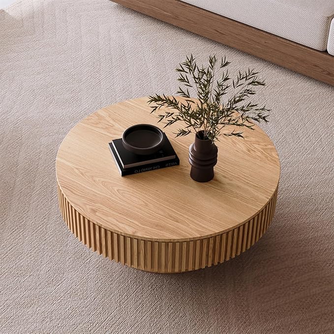 39.37'' Round Coffee Table for Living Room, Fluted Tea Table with Hidden Storage, Solid Wood Circle Coffee Table, Modern Tea Table for Small Space Apartment-Natural Wood 39.37''D×13.78''H