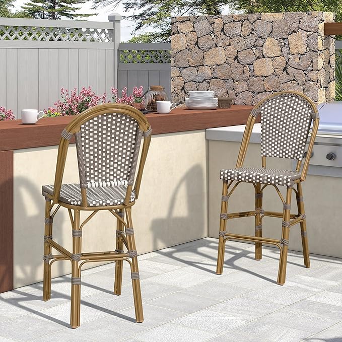 PURPLE LEAF French Bar Stool Set of 4 Bamboo Print Finish Patio Bar Stools with Back Wicker Bar Height Stool 30" with Footrest Kitchen Island Stools Outdoor Barstool Grey
