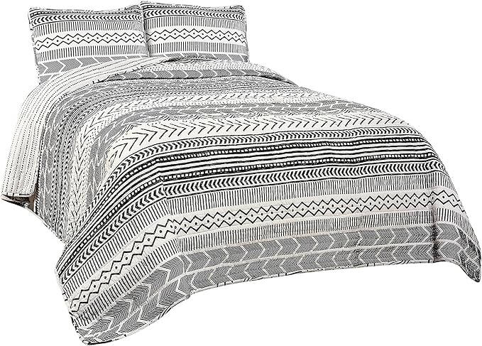 Lush Decor Hygge Geo Pattern Striped 3 Piece Quilt Bedding Set, King, Black & White