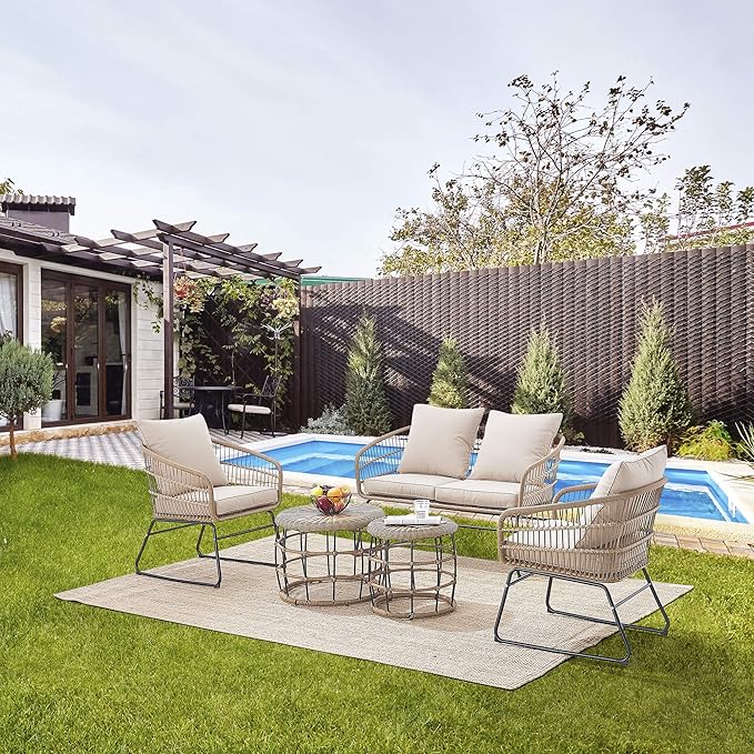 Barton 5-Pieces Outdoor Patio Sets Space Saving Rattan Chairs with 2-Side-Table Patio Sofa Sets Cushioned Seating and Back Set (Beige)