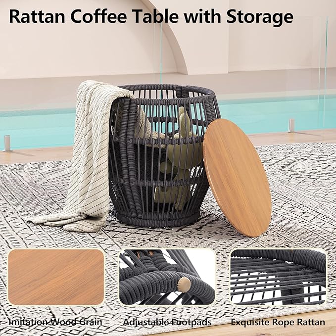 DAYRAUS Living Room Chairs, Accent Chairs Set of 2 with Coffee Table, Rattan Braid Arm Chair, Comfy Reading Lounge Chair, 3 Pieces Living Room Furniture Sets, Bedroom Armchair for Outdoor, Dark Gray