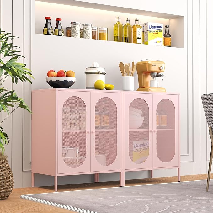 Display Cabinets with 2 Mesh Doors,Small Pantry Cabinet, Storage Closet with Adjustable Shelf and High Feet, Pink Cabinet for Home, Office, Living Room,Dining Room,Sideboard, Hallway and Entryway