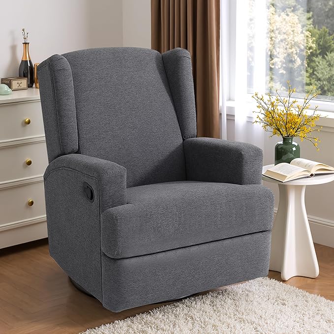 Swivel Glider Recliner Chairs Set of 2 for Adults - High Back Rocker Recliners with Deep Seat, Comfortable & Quiet Upholstered Fabric Armchairs for Living Room or Nursery, Manual Reclining-Gray