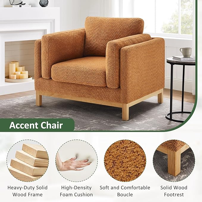 VANOMi 41.34" Oversized Accent Chair, Upholstered Armchair with Solid Wood Legs Living Room Chairs with Wide Armrest Pads, Reading Chair for Bedrooms, Apartments, Living Rooms, Offices(Curry)
