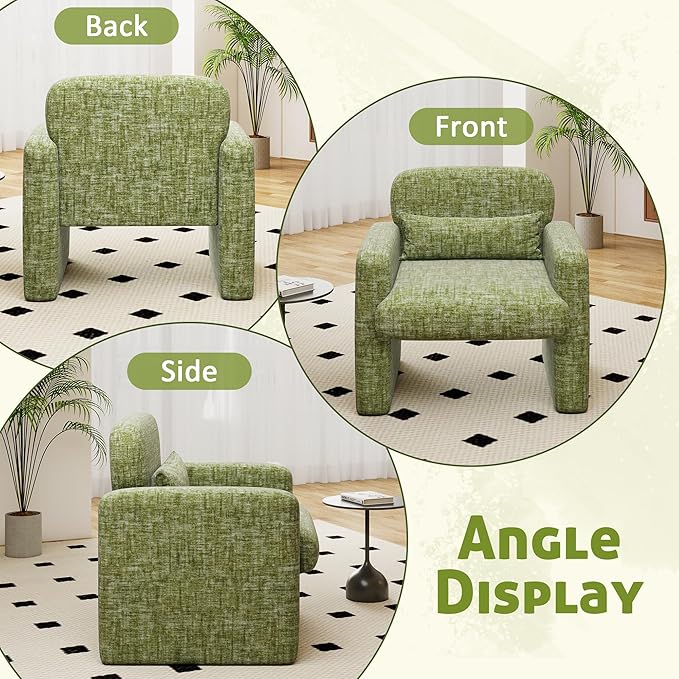 LSSPAID Modern Accent Chairs, Chenille Fabric Armchairs for Living Room, Comfy Upholstered Leisure Single Sofa Chair with Lumbar Pillow for Bedroom, Balcony, Office (Green, Set of 1)