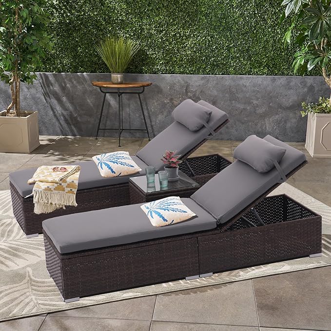 3 PCS Patio Chaise Lounge Outdoor Lounge Chair Patio Reclining Chair with Coffee Table Cushion&Pillow 5 Angle Adjustment Brown Rattan for Courtyards Poolside Garden