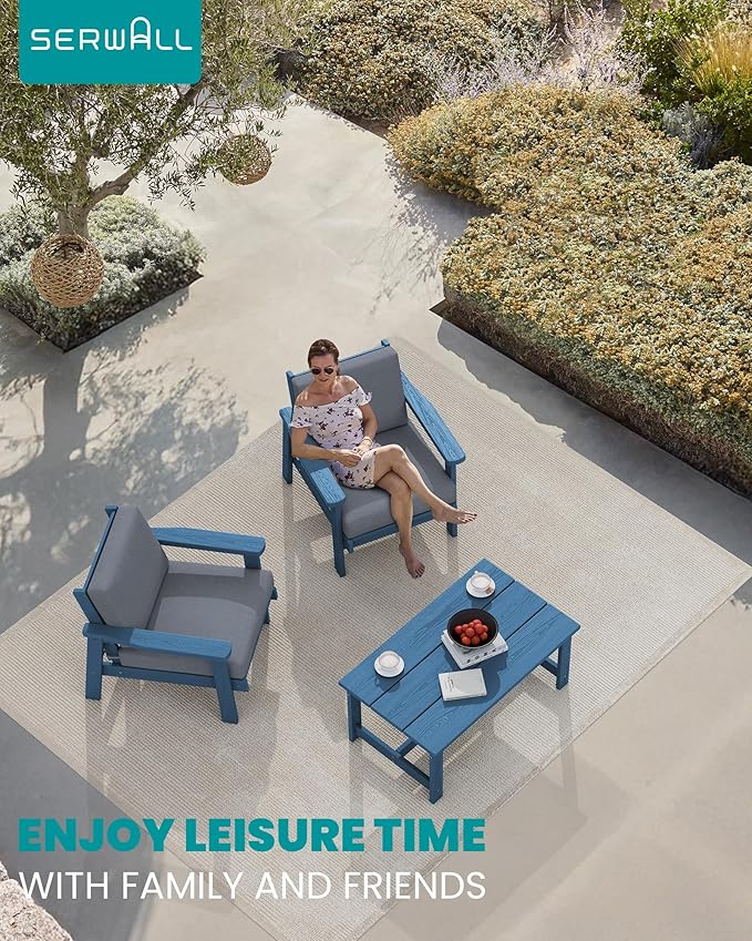 SERWALL HDPE Outdoor Couch, Blue Frame and Grey Cushion