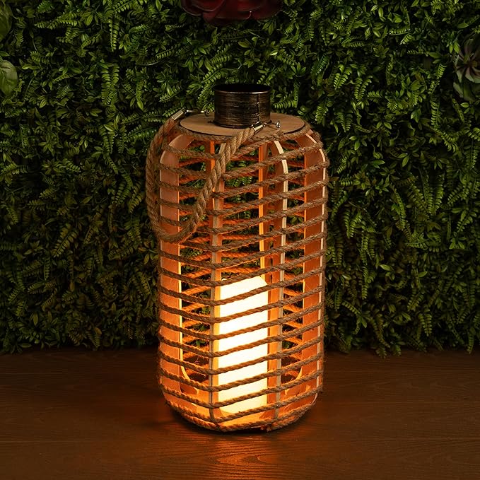 Alpine Corporation SKY392TM 28" H, Hemp Rope Wooden Lantern with Flickering LED Lights, Garden Decor for Patio, Lawn, and Yard