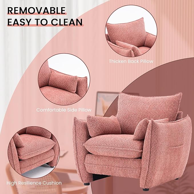 Chenille Oversized Accent Chairs, Modern Oversized Armchair with Removable Pillow, Comfy Living Room Chair with Side Pocket Storage for Bedroom, Office, Pink