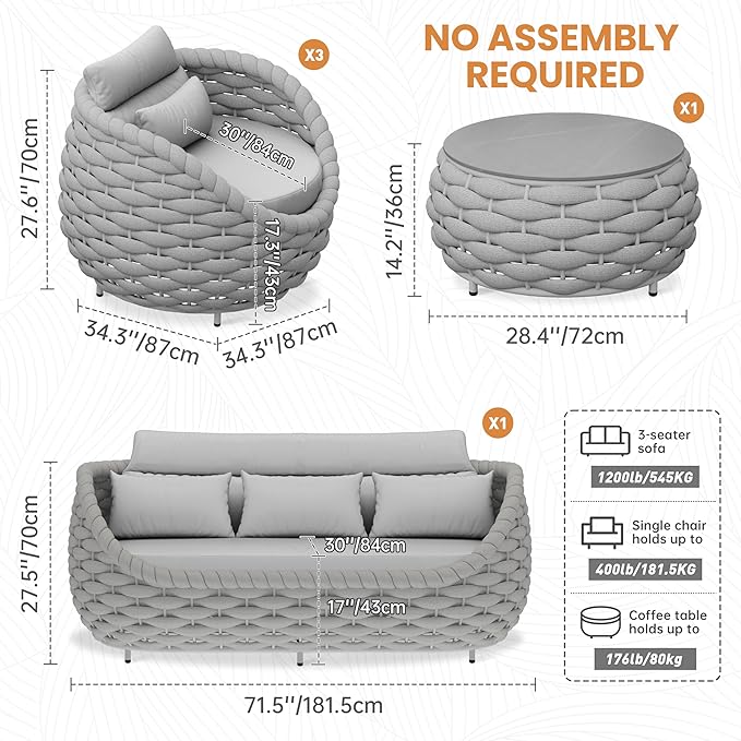Aluminum Outdoor Patio Couch Set: 5 Pieces Woven Rope Porch Furniture Sofa Set - Metal Modern Deck Conversation Set - All Weather Assembled Courtyard Seating for Backyard Pool Hotel Resort, Grey